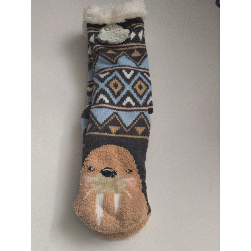 Fuzzy Babba Cozy Walrus Patterned Fuzzy Lined Socks Blue, Cream New Size 9-11